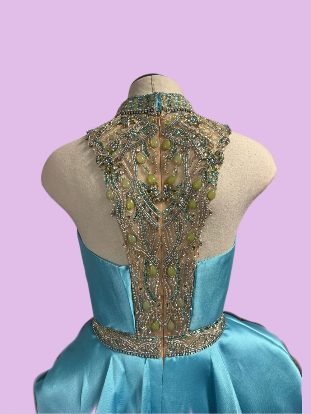 Aqua Blue Embellished High-Neck Short Prom Dress - Picture 3 of 6